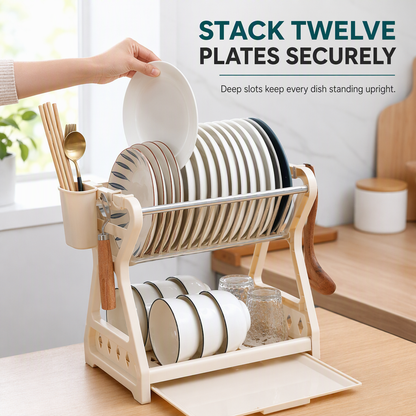 ✨ Multi-Tier Carbon Steel Dish Drying Rack with Drip Tray – Double Counter Space Vertical Design, Holds 12+ Plates Deep Card Slots, Removable Slide-Out Drainage Tray & Tool-Free Snap Assembly – 3 Colors 🥢