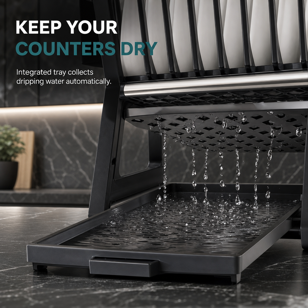 ✨ Multi-Tier Carbon Steel Dish Drying Rack with Drip Tray – Double Counter Space Vertical Design, Holds 12+ Plates Deep Card Slots, Removable Slide-Out Drainage Tray & Tool-Free Snap Assembly – 3 Colors 🥢