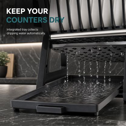 ✨ Multi-Tier Carbon Steel Dish Drying Rack with Drip Tray – Double Counter Space Vertical Design, Holds 12+ Plates Deep Card Slots, Removable Slide-Out Drainage Tray & Tool-Free Snap Assembly – 3 Colors 🥢