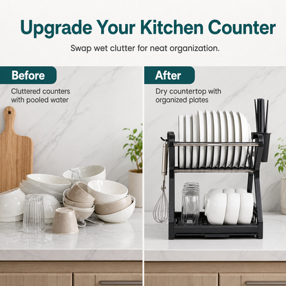 ✨ Multi-Tier Carbon Steel Dish Drying Rack with Drip Tray – Double Counter Space Vertical Design, Holds 12+ Plates Deep Card Slots, Removable Slide-Out Drainage Tray & Tool-Free Snap Assembly – 3 Colors 🥢