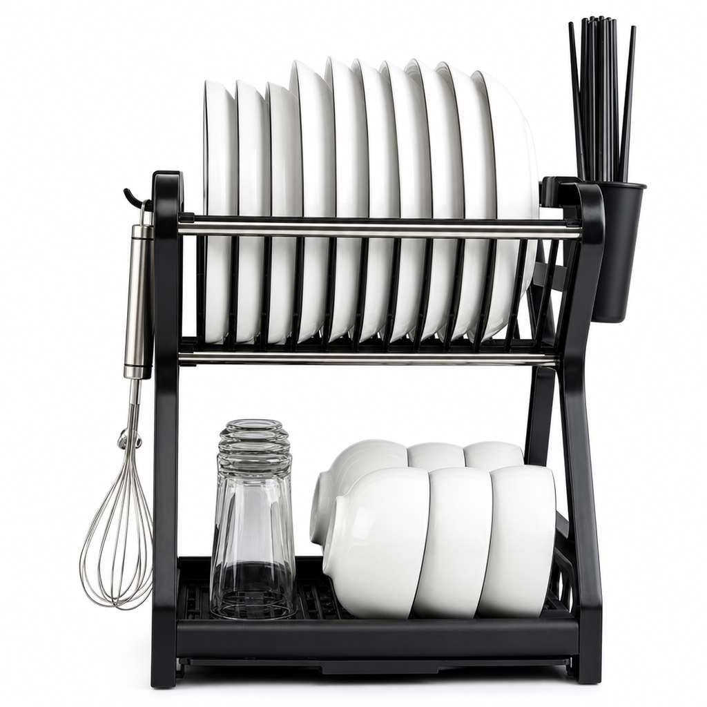 ✨ Multi-Tier Carbon Steel Dish Drying Rack with Drip Tray – Double Counter Space Vertical Design, Holds 12+ Plates Deep Card Slots, Removable Slide-Out Drainage Tray & Tool-Free Snap Assembly – 3 Colors 🥢