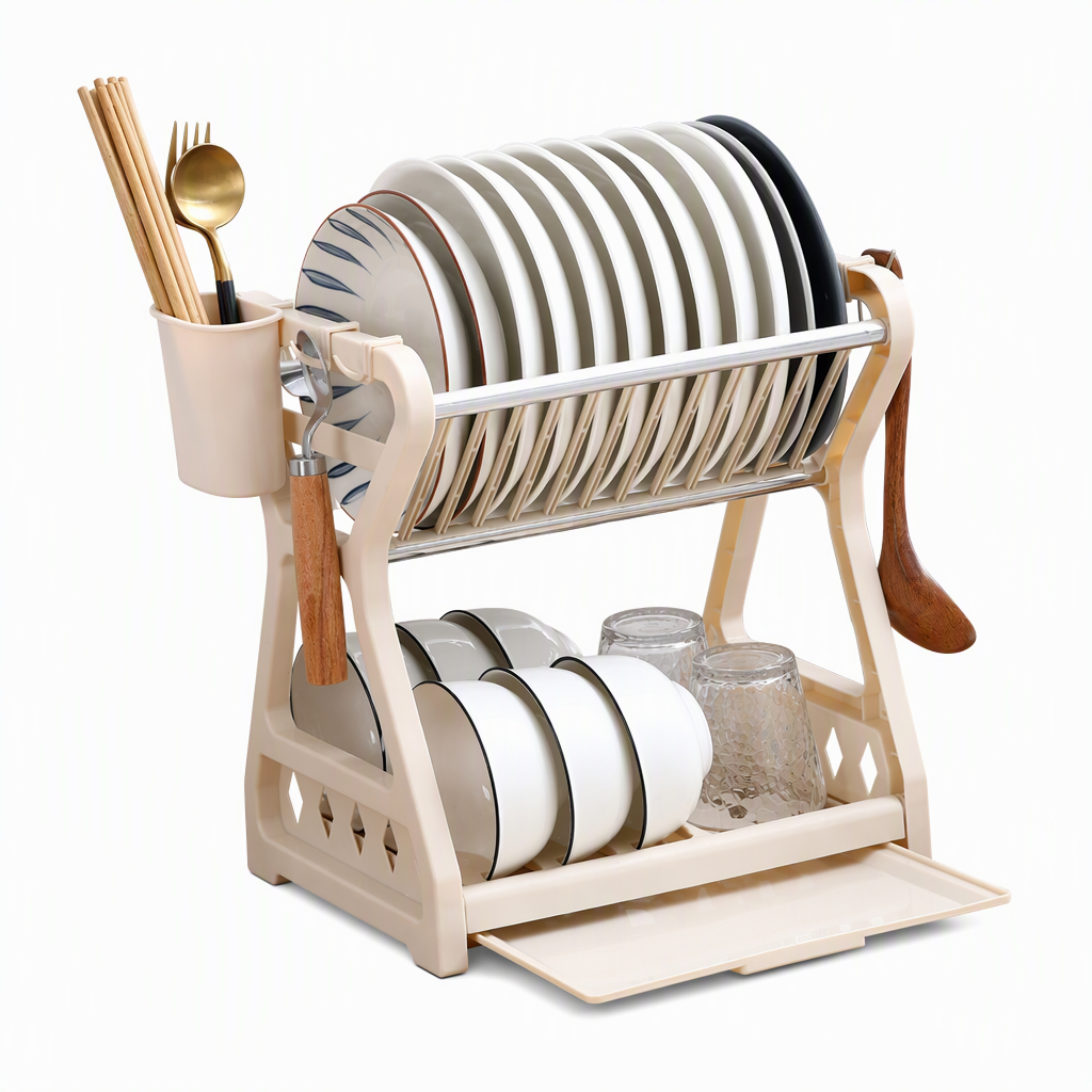 ✨ Multi-Tier Carbon Steel Dish Drying Rack with Drip Tray – Double Counter Space Vertical Design, Holds 12+ Plates Deep Card Slots, Removable Slide-Out Drainage Tray & Tool-Free Snap Assembly – 3 Colors 🥢