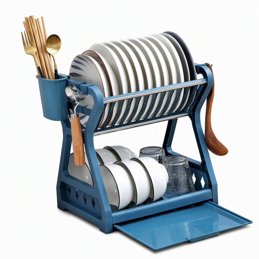 ✨ Multi-Tier Carbon Steel Dish Drying Rack with Drip Tray – Double Counter Space Vertical Design, Holds 12+ Plates Deep Card Slots, Removable Slide-Out Drainage Tray & Tool-Free Snap Assembly – 3 Colors 🥢