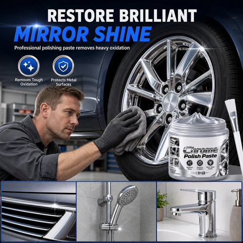Metal Chrome Polish & Restorer Paste with Brush, Heavy-Duty Rust Remover for Car Wheels & Faucets