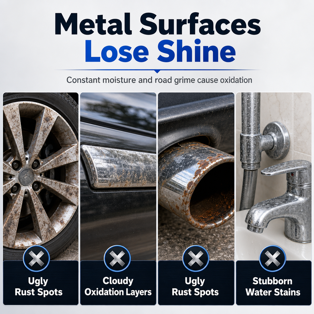 Metal Chrome Polish & Restorer Paste with Brush, Heavy-Duty Rust Remover for Car Wheels & Faucets