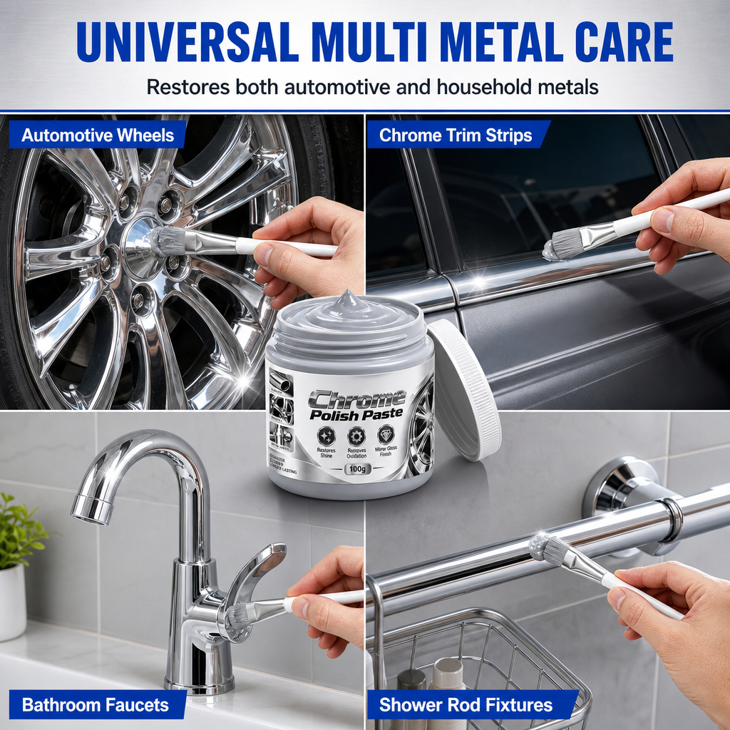 Metal Chrome Polish & Restorer Paste with Brush, Heavy-Duty Rust Remover for Car Wheels & Faucets