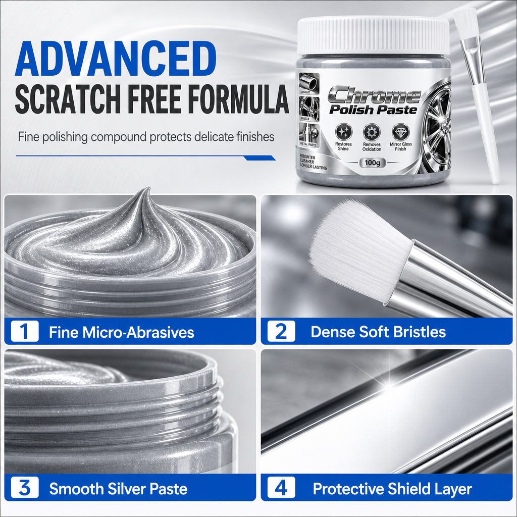 Metal Chrome Polish & Restorer Paste with Brush, Heavy-Duty Rust Remover for Car Wheels & Faucets