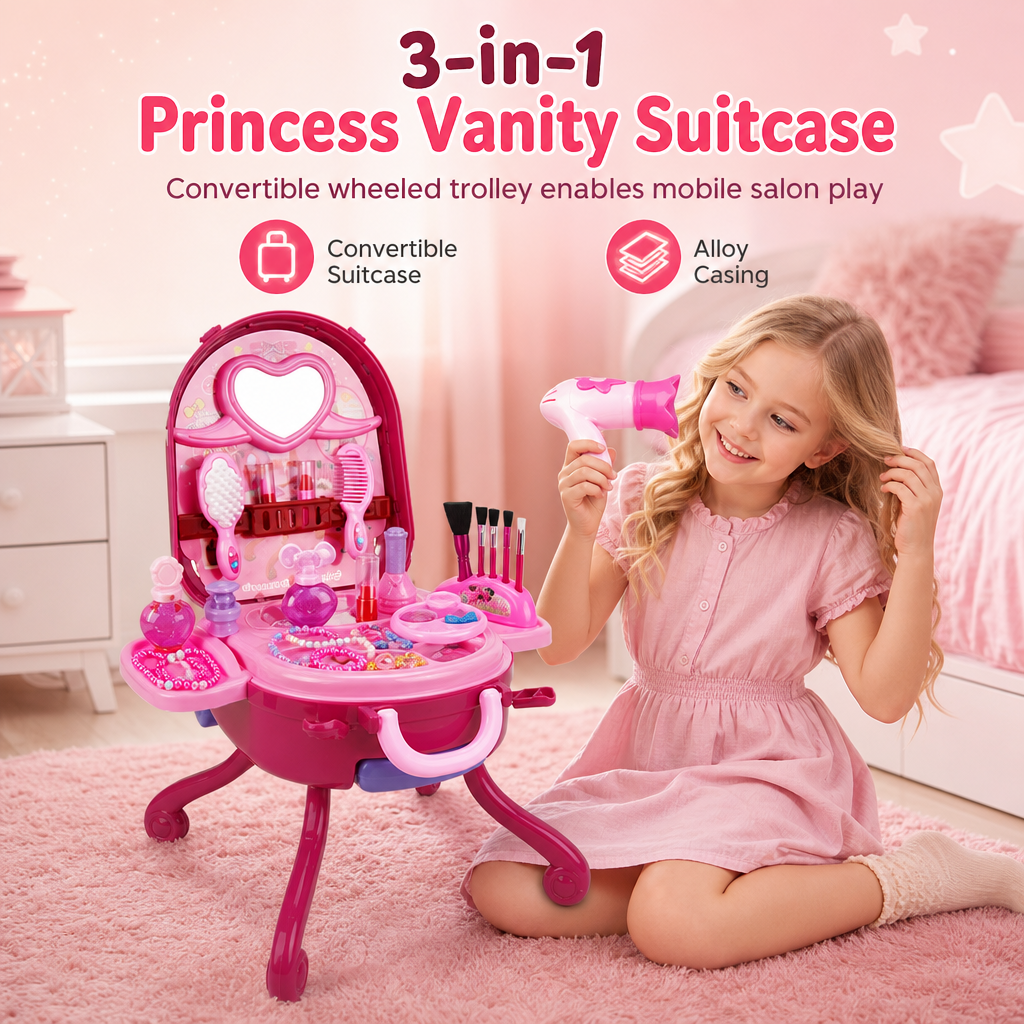 👑 3-in-1 Princess Vanity Suitcase Toy Set - Pretend Beauty Salon 💄