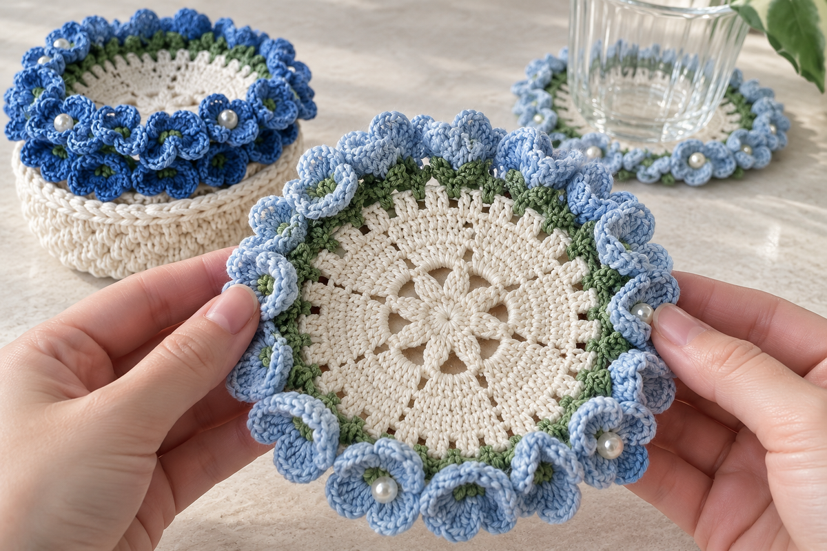 Blue Crochet Flower Coaster Bouquet & Basket Set