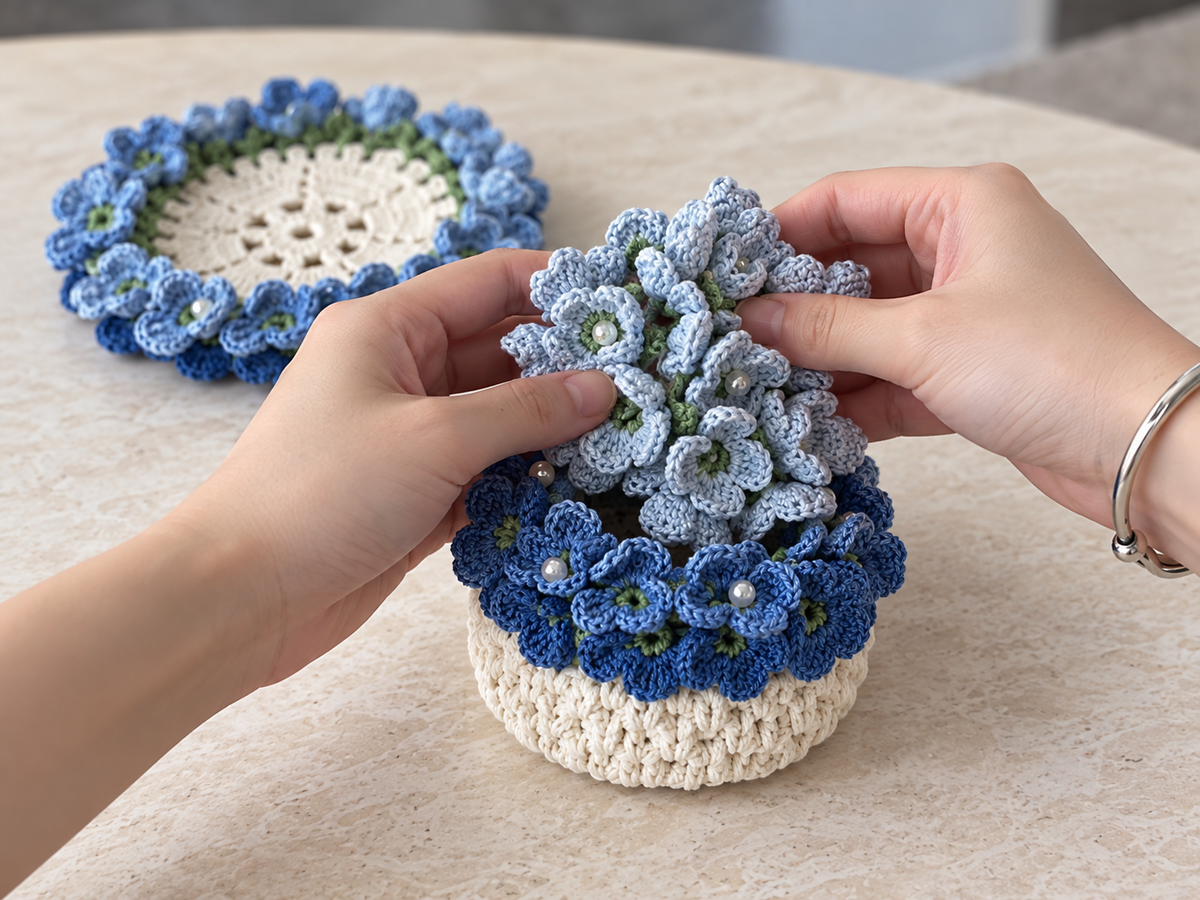 Blue Crochet Flower Coaster Bouquet & Basket Set