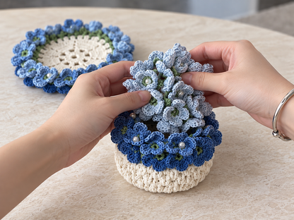 Blue Crochet Flower Coaster Bouquet & Basket Set