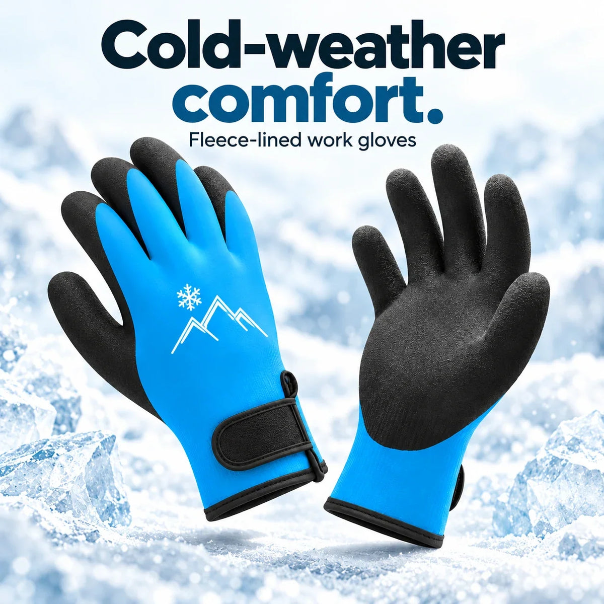 Blue fleece-lined work gloves with illustrative mountain and snowflake emblem, back and palm views