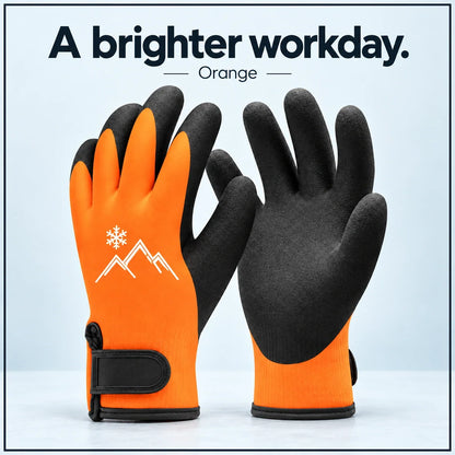 Orange insulated work gloves with illustrative mountain and snowflake emblem