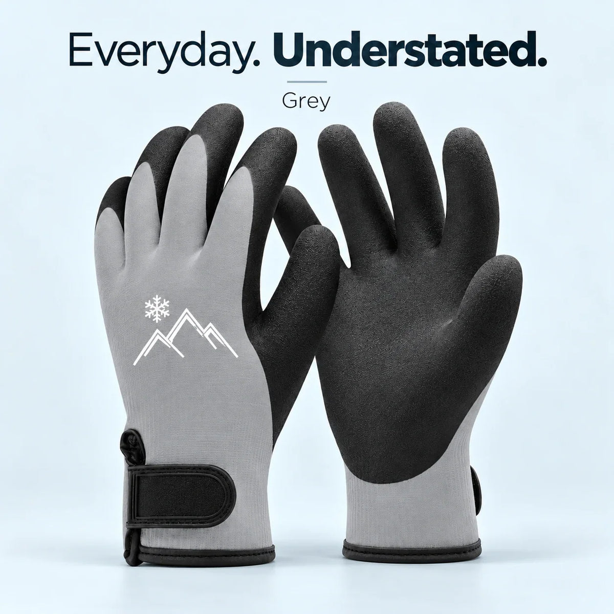 Grey insulated work gloves with illustrative mountain and snowflake emblem