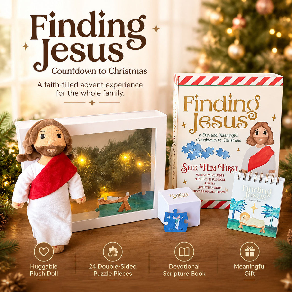 ✝️ Finding Jesus – 24-Day Christmas Countdown | Plush Doll, Scripture & Puzzle Set 🎄